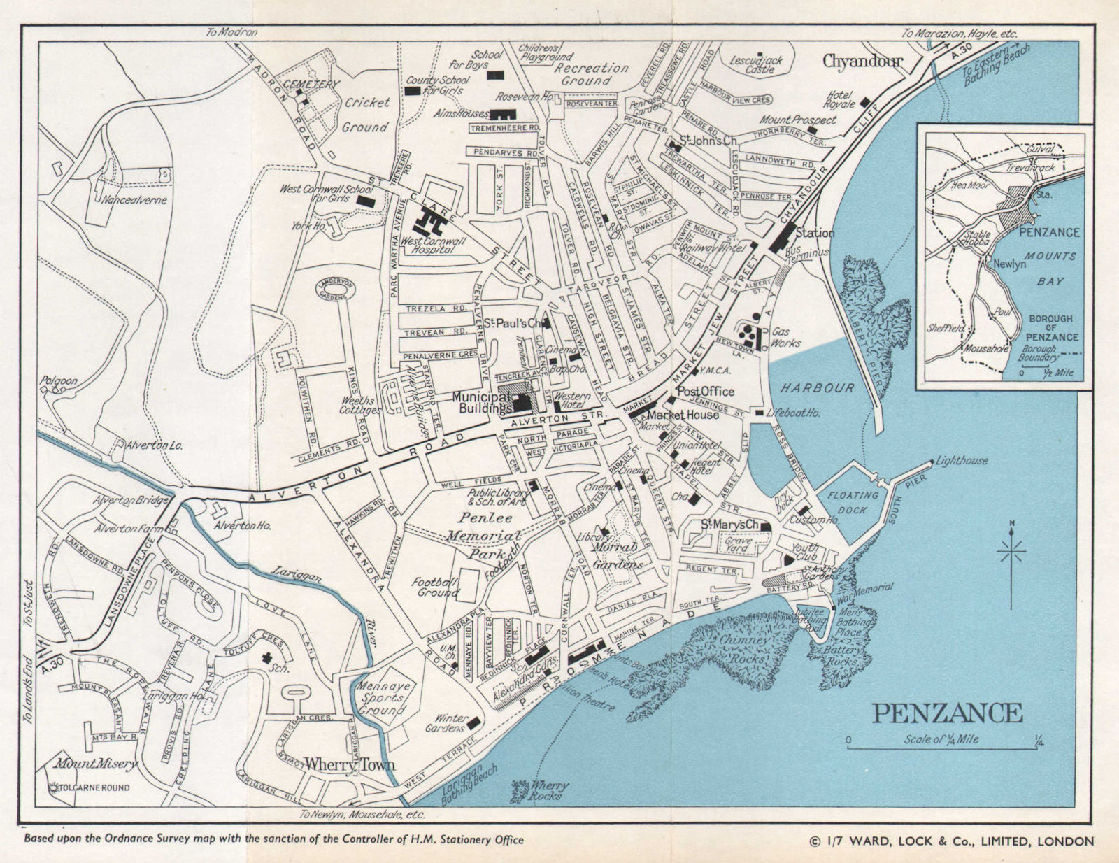 PENZANCE vintage tourist town city plan. Cornwall. WARD LOCK 1966 old map